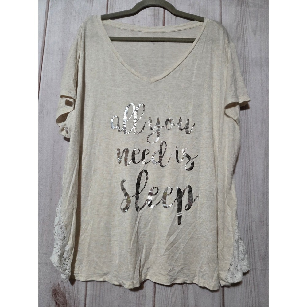 Cato Womens 2X Cream Silver Foil All You Need Is Sleep Lace Inset V-Neck Tee